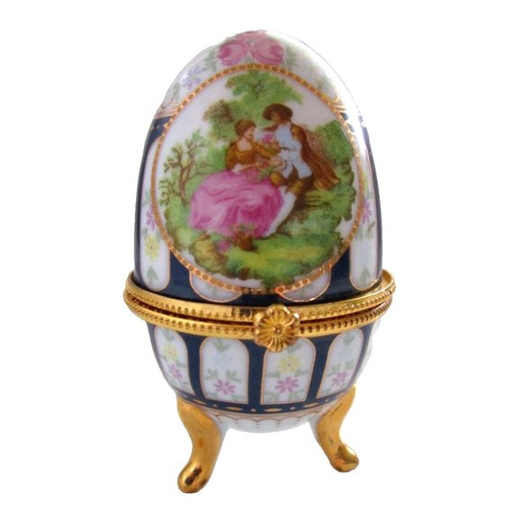 VTG Hand Painted Fine Porcelain Hinged Trinket Box Footed Egg - Courting Couple - Picture 1 of 12
